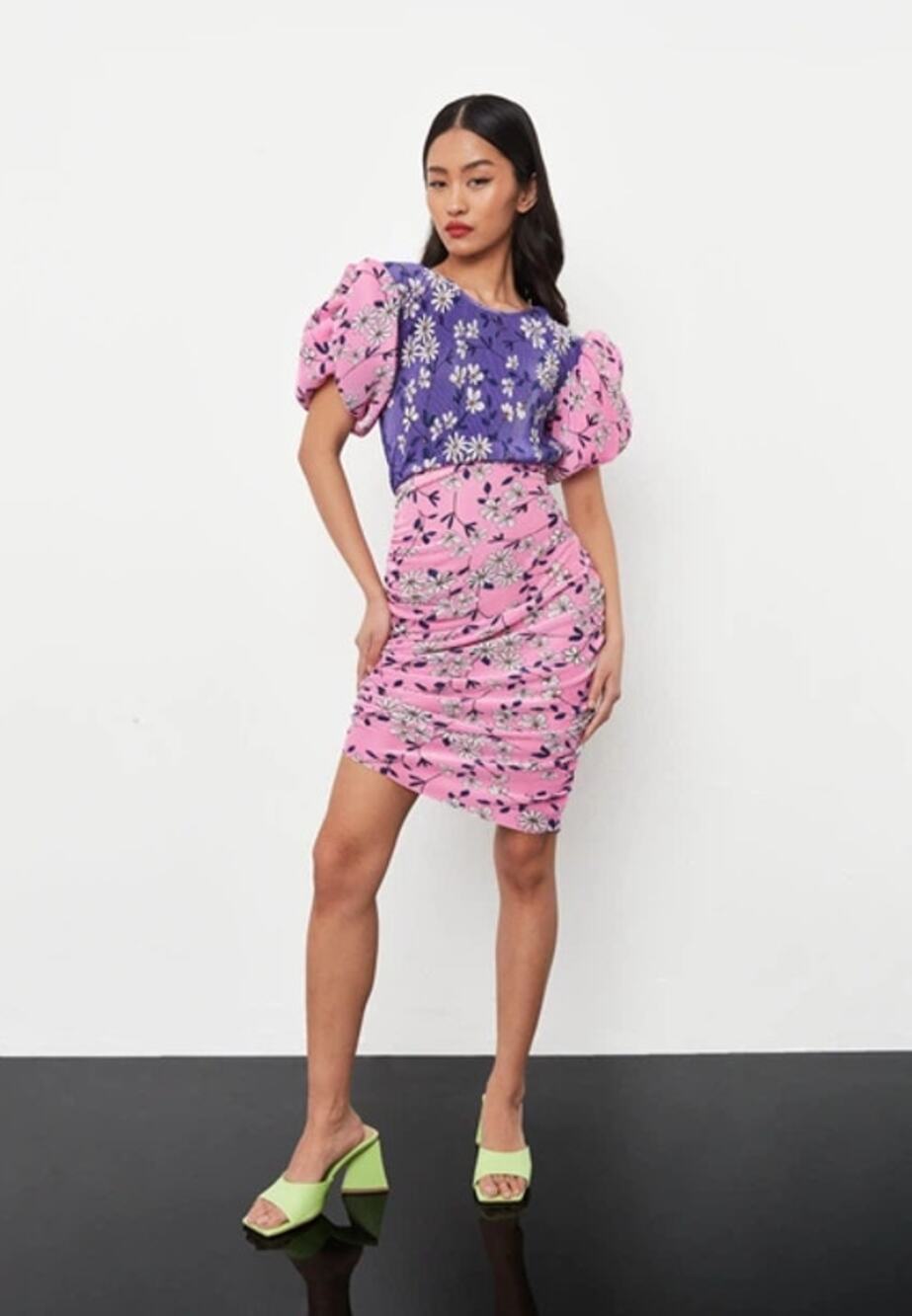 Missguided Plisse Ruched Puff Sleeve Mini Dress Womens Size 4 Pink Purple Floral